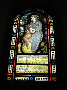 Stained glass window at St. Giles, Wormshill depicting the saint holding a stricken deer